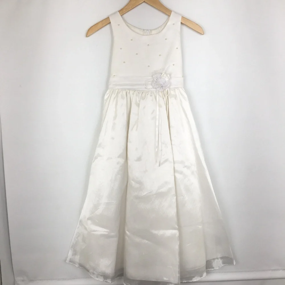 First Communion Dress White Sheer Satin Overlay Tank Pearl Flower Appliqué Sz 10